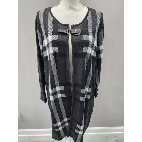 Anne Klein Duster Cardigan Coat Black/White Plaid 1 Buckle Detail Size XL - Picture 1 of 12